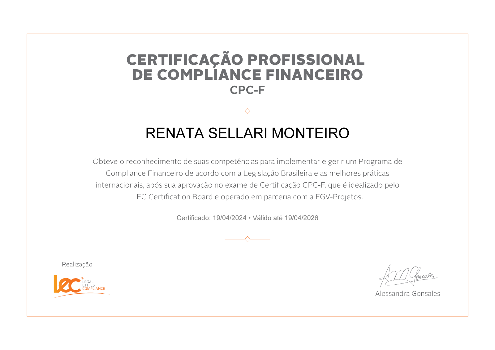 Certificado CPC-F, LEC em parceria com a FGV-Projetos