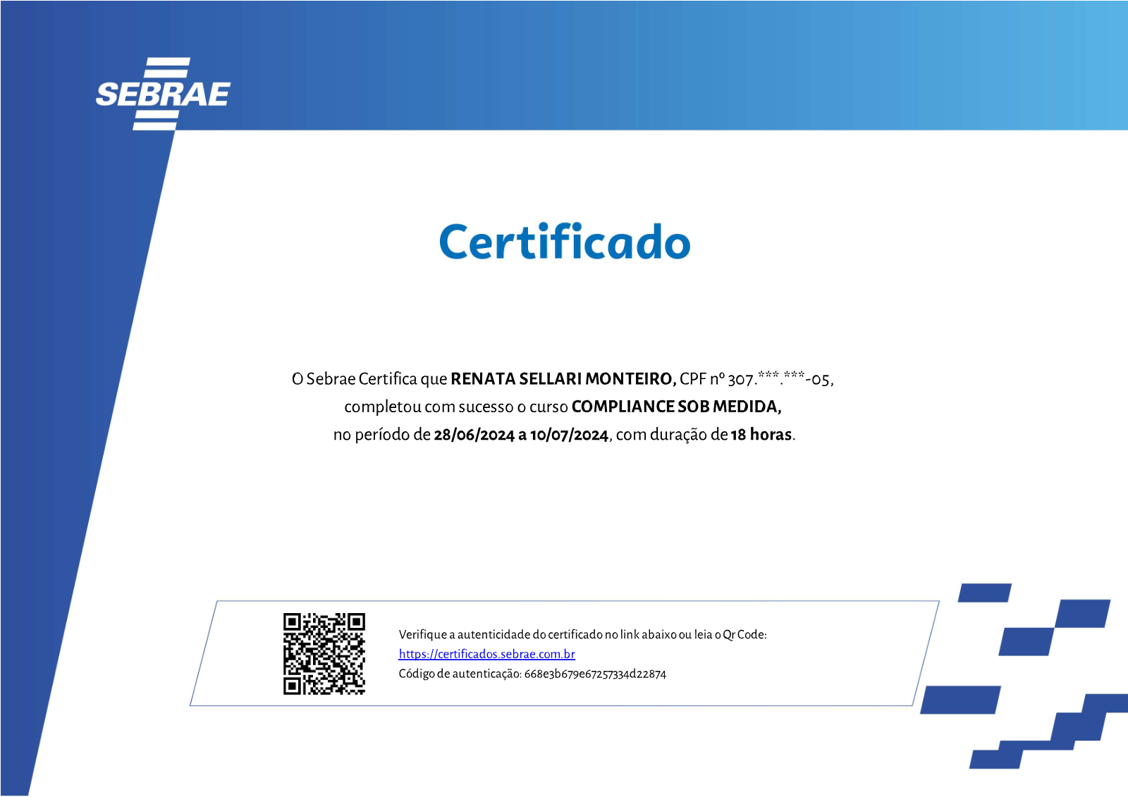 Certificado Compliance sob Medida, SEBRAE